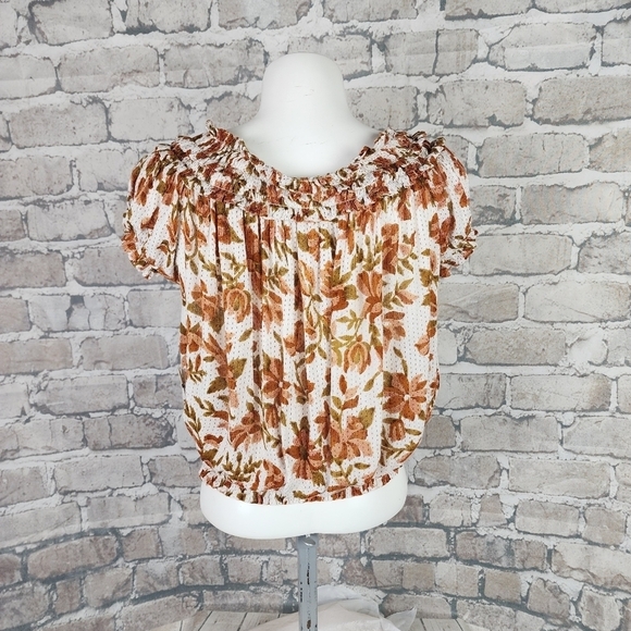 Free People Suki  Blouse Ivory Floral Size Small Billowy Boho Cream Terracotta - Picture 12 of 16